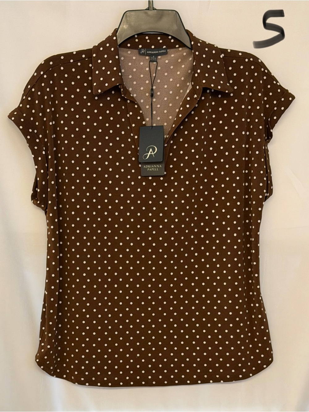 Adrianna Papell Brown Polka Dot Short Sleeve Button-Down